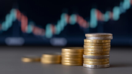 Golden coins stacked neatly in front glowing futuristic trading candlestick chart and profit arrows in background symbolizing stock market growth banking success digital economy and financial technolo