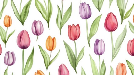 Obraz premium Watercolor Tulips: Vibrant Botanical Pattern for Springtime Celebrations and Designs