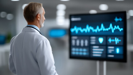 Modern medical technology innovation scene showing faceless professional doctor standing in clean office with holographic healthcare data futuristic blue white tones and digital business management vi
