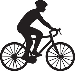 Silhouette of a person riding a bicycle wearing a helmet on a white background