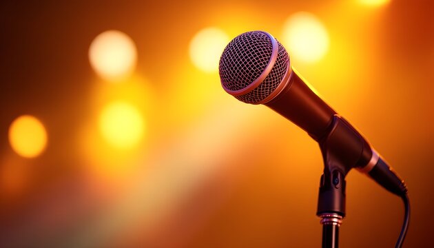 Microphone on stage with warm lights in background representing music concert performance and public speaking.