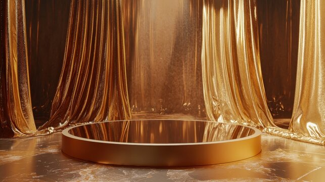 Stunning golden stage setup with shiny drapes and a reflective circular platform for performances