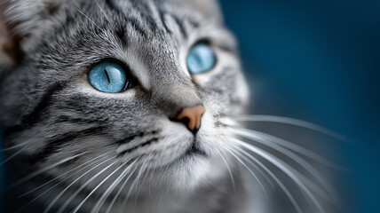 Minimalistic portrait of a cat with textured fur expressive eyes and soft shadows isolated on smooth blue background designed for pet related editorials branding and visual compositions