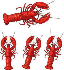 Stylish vector design of five red lobsters in row, clean minimal composition