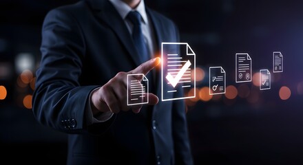 Businessman Approves Digital Documents with Checkmark Icon