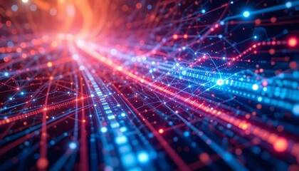 Dynamic network data stream with glowing nodes and connections, excellent for tech, innovation, and futuristic concepts, creating a vibrant, modern feel