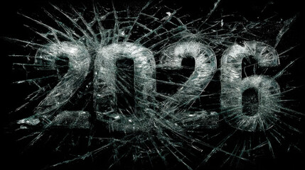 Shattered glass forms bold numbers 2026, creating striking visual effect that conveys sense of impact and change. dark background enhances dramatic appearance of broken glass