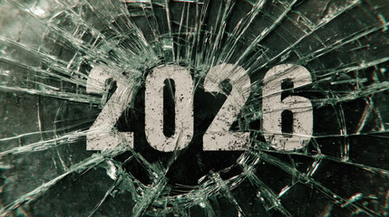 Shattered glass background with year 2026 prominently displayed, symbolizing change and disruption. jagged edges evoke sense of urgency and transformation
