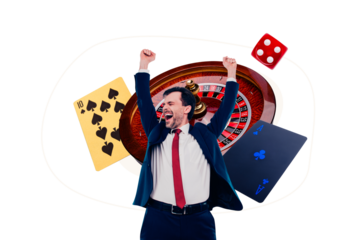 Composite photo collage of excited man win jackpot success roulette poker game card combination vegas dice isolated on painted background