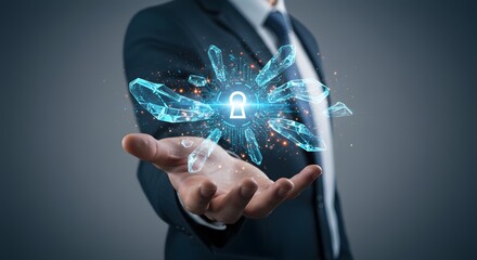 Businessman holding a glowing digital lock symbol surrounded by abstract crystal shards and data streams.