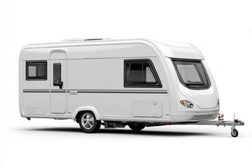 Modern White Travel Caravan with Sleek Design and Large Windows in Studio Setting