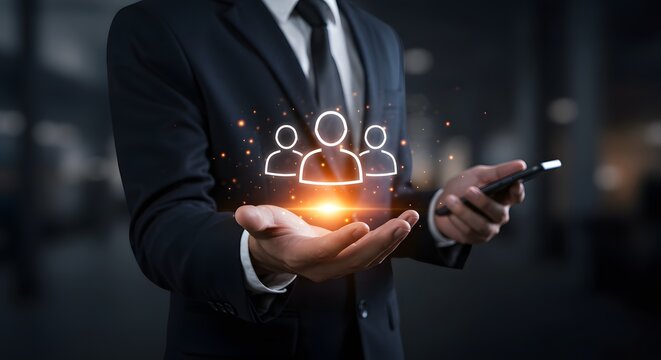 Businessman Holding Digital Icons of People and Smartphone - Powered by Adobe
