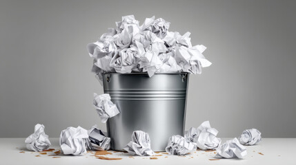 Crumpled paper fills metallic bucket, surrounded by scattered paper balls clean surface. This conveys sense of clutter and disorganization, often associated with brainstorming or discarded ideas