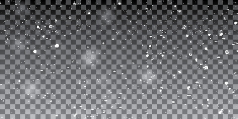Realistic white winter snowfall, merry christmas night background. Falling snow. Flying snowflakes. Snowy weather transparent effect. Frost storm effect for new year or xmas card