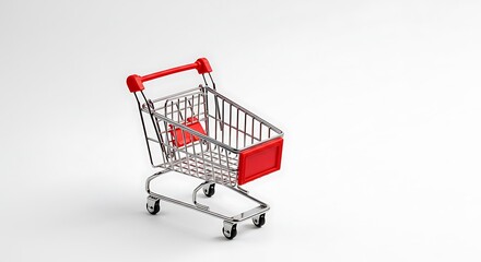 Empty miniature shopping trolley isolated on a white background, symbolizing commerce, retail sales, and the concept of online purchasing