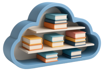 Blue cloud shaped shelf with stacks of pastel colored books on white background reading library isolated on a transparent background
