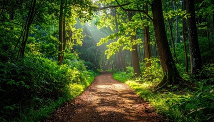 Obraz premium Sunlit Path Through Lush Green Forest
