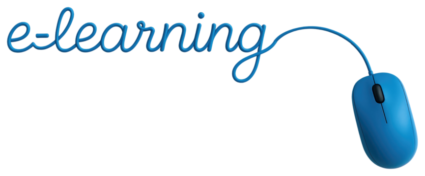 Blue e-learning text connected to a computer mouse on a white background isolated on a transparent background