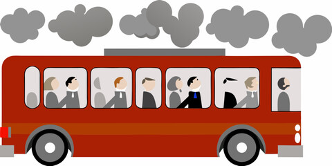 Stylized illustration of a red bus filled with diverse passengers traveling through smoky clouds