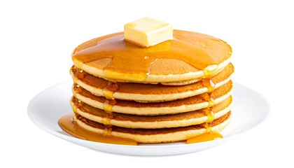 Stack of golden pancakes drizzled with syrup and butter