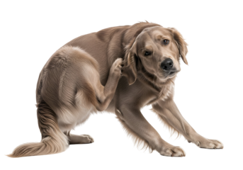 A light gray dog with a worried expression, scratching its ear, is featured against a black backdrop.