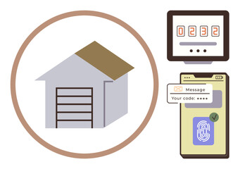 House in circular frame, security keypad, smartphone with fingerprint scan and code message. Ideal for technology, innovation, home security, automation, cybersecurity, smart devices simple flat