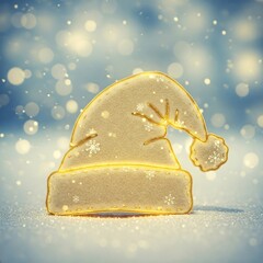 Golden Santa Hat Illuminated by Bokeh Lights on a Sparkling Blue Winter Background.