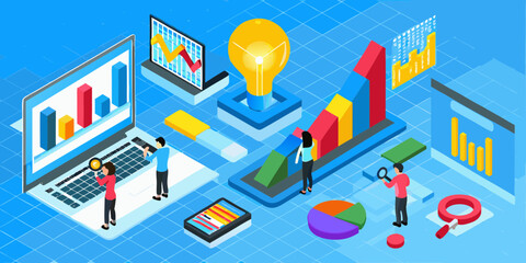 Diverse team analyzing financial data and charts with magnifying glass and lightbulb for business growth and ideas