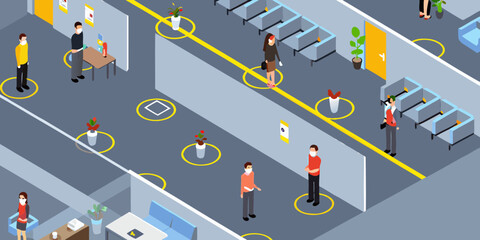People in office waiting area maintaining social distancing with floor markers and face masks