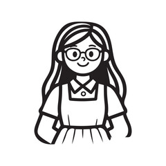 A black and white vector illustration of a female teacher with long hair.