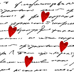 Seamless background with handwritten abstract text and watercolor red hearts. For fabric, wrapping paper, covers.