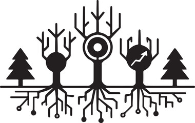 Abstract digital tree roots and branches with circuit board elements and a globe symbol representing growth