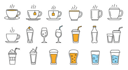 Collection of refreshing beverage icons including hot drinks, cold beverages, and alcoholic drinks