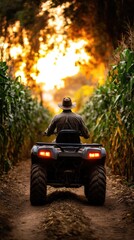 Fototapeta premium Man on atv in cornfield at sunset