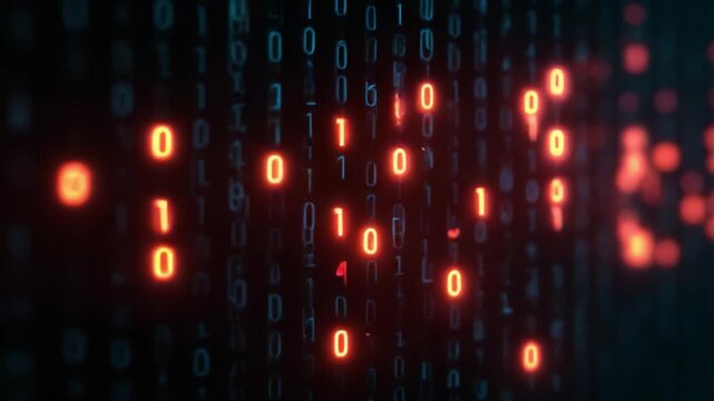 Glowing red binary numbers indicating errors or alerts moving through a grid of blue digital data, symbolizing cybersecurity threats, system failures, or corrupted information within a network