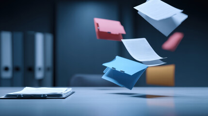 Organized documents and colorful folders float above desk in modern office setting, creating sense of dynamic movement and productivity. scene evokes feeling of efficiency and organization