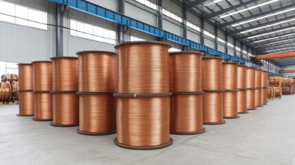 Copper Wire Spools Stacked in Large Industrial Warehouse, Showing Coil Structure and Reflection Under Bright Ceiling Lights for Manufacturing Use