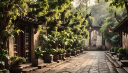 Fototapeta premium Ancient street scene in Hangzhou with traditional architecture on the left, clear copy space on the right, balanced position for.