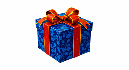 Obraz premium A vibrant blue gift box adorned with a red and gold ribbon, symbolizing celebration and surprise, perfect for any special occasion
