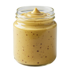 Glass jar filled with grainy dijon mustard isolated on transparent background