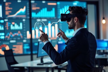 Businessman in VR headset exploring data visualizations in modern office.