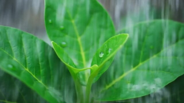Green Plant Leaves Under the Strong Rain