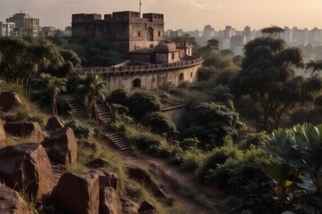 Fototapeta premium Fort on Worli Hill, Mumbai, sunny realism style, subject on left, ample copy space on right, clear positioning, suitable for photo.