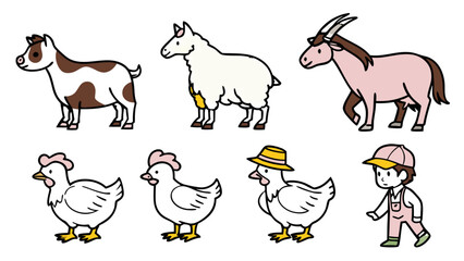 Farm Animals with Farmers Vector Icon Set – Flat Style Cow, Goat, Hen, Sheep, Pig, Horse, Duck, Donkey, Turkey with Male and Female Farmers, Educational Sticker Pack