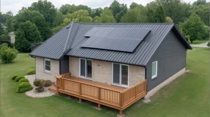 Modern House with Solar Panels on Roof Surrounded by Greenery and Lawn in Residential Neighborhood