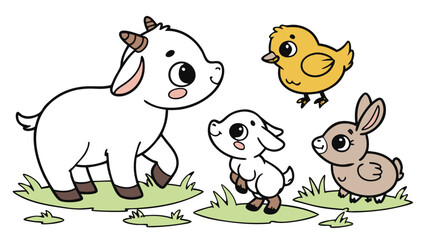 Baby Farm Animals Sticker Icon Set – Cute Cartoon Calf, Lamb, Chick, Piglet, Kid Goat and Duckling in Chibi Style, Flat Vector Pack for Kids Education and Books