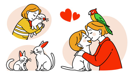 Pet and Owner Love Sticker Icon Set – Cute Cat Cuddling, Dog with Owner Hand, Rabbit with Kid, Bird on Finger and More, Vector Pack for Logos, Packaging and Stickers