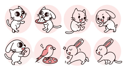 Playful Pets Kawaii Sticker Icon Set – Cute Cats, Dogs, Rabbits and Birds Running, Jumping, Sleeping and Eating, Cartoon Vector Pack for Kids, Logos and Pet Food Packaging