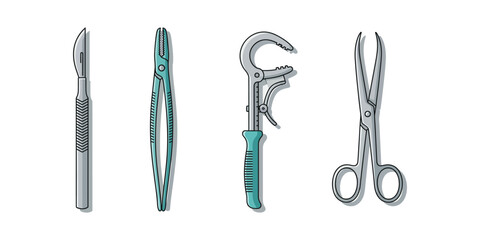 Surgical instruments displayed on white background for medical procedures and healthcare, showing sterile tools for precise operations in a clinical setting.