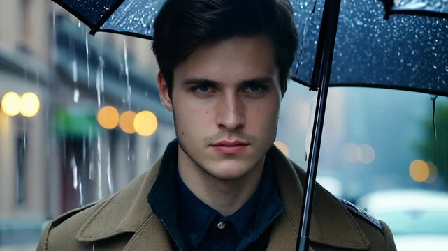 The camera video a young Caucasian man, around 25 years old, who looking at the camera while smoothly standing on the rainy street background and holding an umbrella.